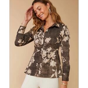Spartina 449 Women’s M Farrah Poplin Long Sleeve Floral Cascade Gray Blouse Top
